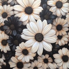A profusion of white and black daisies, artfully arranged.  Detailed flower petals and centers create a visually rich piece