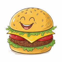 Create a vector illustration of a bold, cartoon hamburger with a wide, thick stroke.  Include sesame seeds and juicy details.