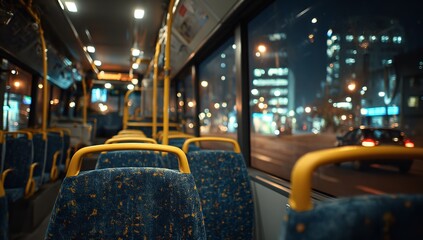 Fototapeta premium Empty Bus Interior with Yellow Handrails and City Lights Outside at Night