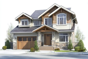 This modern two-story house showcases charming architecture and landscaped greenery in a peaceful suburban setting under clear skies