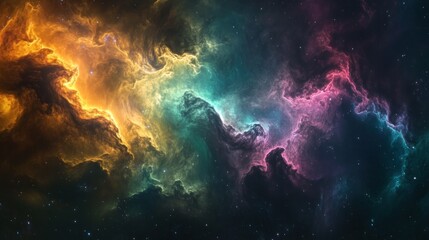 Obraz premium Vibrant nebula with swirling colors of orange, teal, pink, and purple in deep space.
