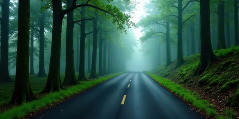 Fototapeta premium Serene Misty Forest Road A Mystical Journey Through Verdant Trees and a Path Leading to an Unknown Destination