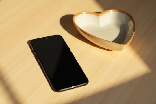 A modern mobile phone rests beside a heart-shaped dish on a light wood surface, bathed in sunlight. - Powered by Adobe