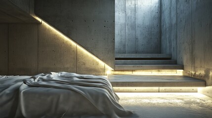 Modern concrete bedroom interior with subtle lighting
