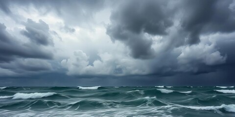 Fototapeta premium Dark, brooding storm clouds dominate a turbulent ocean scene, dramatic, waves