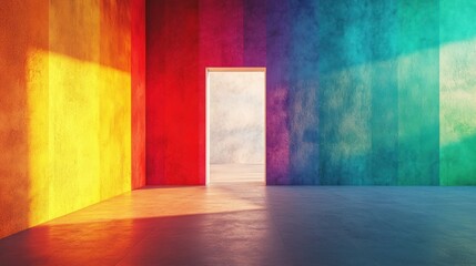 Colorful room, open door, sunlight, textured walls, interior design