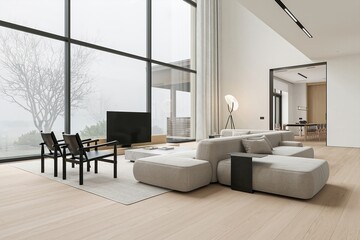 Minimalist interior design of a modern living room with a white sofa, wooden floor and beige curtains. Scandinavian home decor with a panoramic window view in the style of Scandinavian home decor.