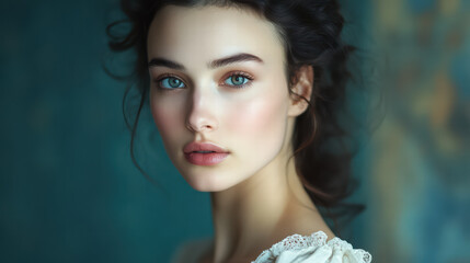 Fototapeta premium Elegant Portrait of Beauty: A captivating portrait of a woman exudes grace and poise, her expressive eyes and radiant complexion enhanced by soft lighting.