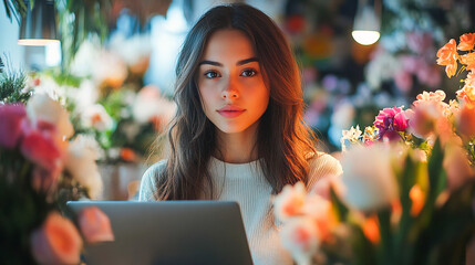 Young female flower shop owner using laptop at counter, professional woman florist standing by floral display table in modern and bright floral boutique setting