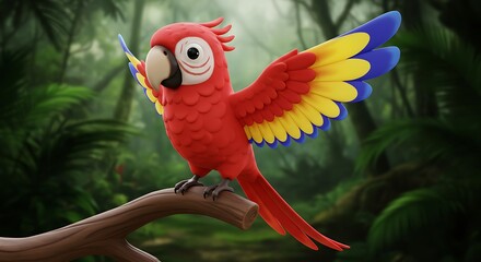 Cheerful Scarlet Macaw: 3D Render, Lush Jungle