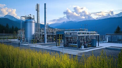 Obraz premium Mountainous refinery processing gas at dusk