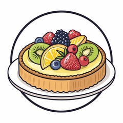 Create a bold, vector icon of a fruit tart, featuring thick outlines and vibrant colors, suitable for app/website use.  Emphasis on detailed fruit representation.