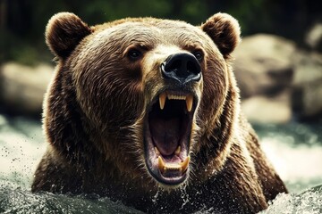 Obraz premium Captivating moment of a roaring brown bear.