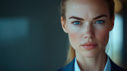 A confident businesswoman with a determined expression stares directly into the camera