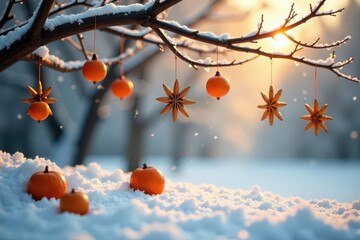 Winter Wonderland Scene with Citrus Ornaments and Star Anise Decorations Hanging from a Snow-Covered Branch at Sunset