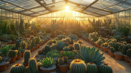 Sunlit Greenhouse Cactus Collection, Sunrise, Botanical Garden