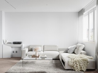 Minimalist interior design of a modern living room with a white sofa, wooden floor and beige curtains. Scandinavian home decor with a panoramic window view in the style of Scandinavian home decor.
