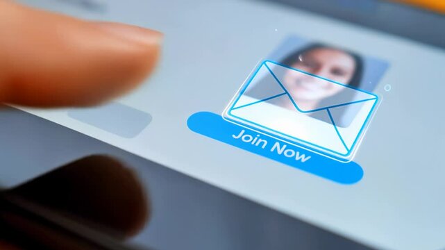 Finger taps digital "Join Now" button with envelope icon on touchscreen, symbolizing email signup, online registration, or social media subscription.