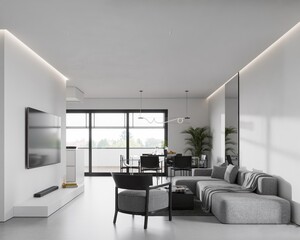 Minimalist interior design of a modern living room with a white sofa, wooden floor and beige curtains. Scandinavian home decor with a panoramic window view in the style of Scandinavian home decor.