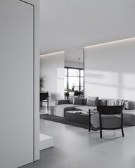 Minimalist interior design of a modern living room with a white sofa, wooden floor and beige curtains. Scandinavian home decor with a panoramic window view in the style of Scandinavian home decor.