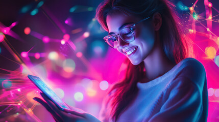 A radiant woman engrossed in her tablet, illuminated by vibrant neon lights, embodies the fusion of technology and tranquil contemplation.