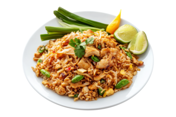 Spicy chicken fried rice Khao Pad with vegetables and herbs on plate, isolated on white transparent background, concept of Asian food presentation