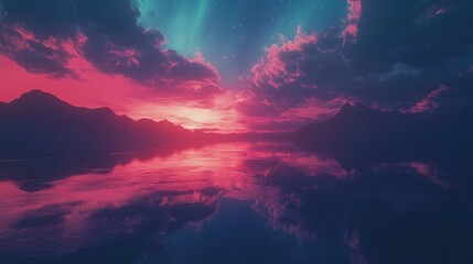 Fototapeta premium Vibrant sunset over calm lake with mountains and aurora borealis reflected in water.