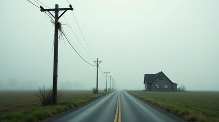 Misty Rural Road Leading to a Solitary House on a Foggy Day