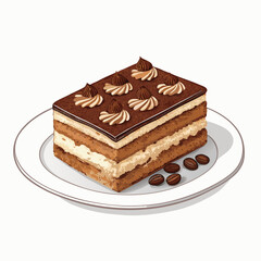 Create a bold, layered vector illustration of a classic tiramisu dessert.  Show distinct cocoa powder, ladyfingers, and creamy mascarpone layers.