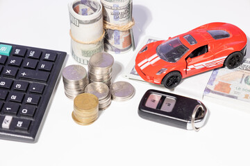 A visual representation of car ownership preparation—featuring a miniature car, scattered cash,...