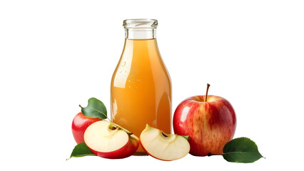 Delicious apple juice and fresh apples in a glass bottle