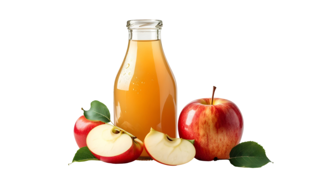 Delicious apple juice and fresh apples in a glass bottle
