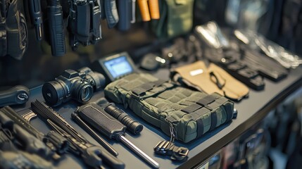 A display of essential security guard equipment, including flashlights, batons, radios, and protective gear.