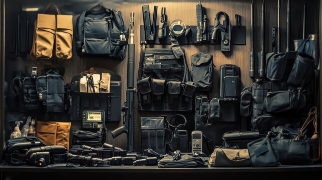 A display of essential security guard equipment, including flashlights, batons, radios, and protective gear.