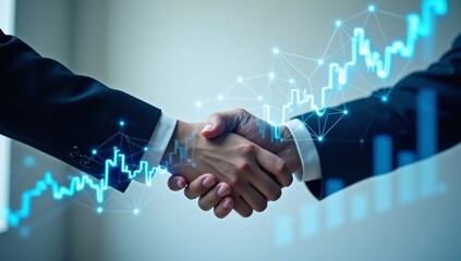 Deal. business man shaking hands with effect global network link connection and graph chart of stock market graphic diagram, digital technology, internet communication, teamwork, partnership concept