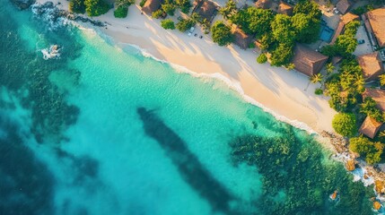 Aerial view Tropical beach, turquoise ocean, coastal bungalows, sunset, travel brochure