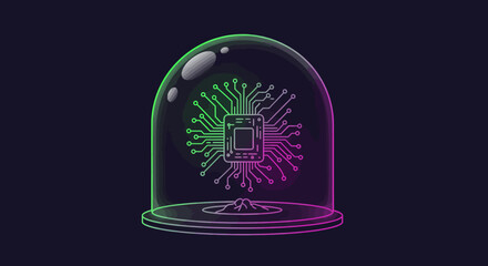 Glowing Circuit Board Under Glass Dome with Green and Purple Gradient - Tech Nature Vector Art