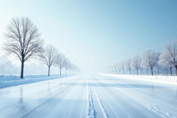 Obraz premium Serene Winter Landscape Frosty Trees Line a Snow-Covered Road, Sunlight Illuminating a Peaceful, Cold Scene