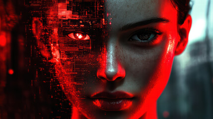 Cybernetic Fusion: A striking portrait of a woman's face is artistically split, revealing a juxtaposition of human features and advanced technological elements, painted in a dramatic red hue. 