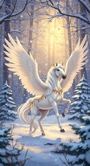 Winter's Majesty: A Winged Horse in a Snowy Forest