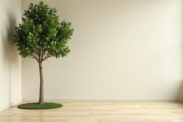 Obraz premium Serene Indoor Scene Featuring a Small Tree Planted in a Circular Patch of Artificial Grass on Light Wood Flooring Against a Neutral Wall