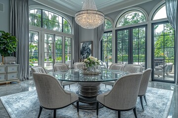Obraz premium Luxurious Miami dining room with light gray walls, elegant chandelier, large glass circular table, pastel blue accents, and lush outdoor views