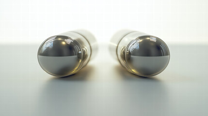 Silver Capsules on White: A close-up macro shot of two polished silver capsules, gleaming under soft light, evokes an atmosphere of scientific precision and sterile purity.