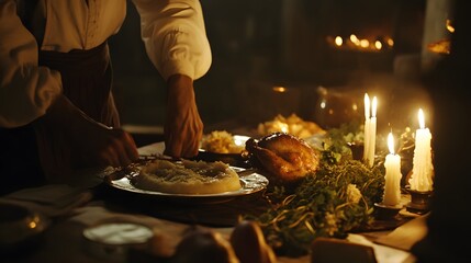 Footage of a candlelit dinner table being prepared