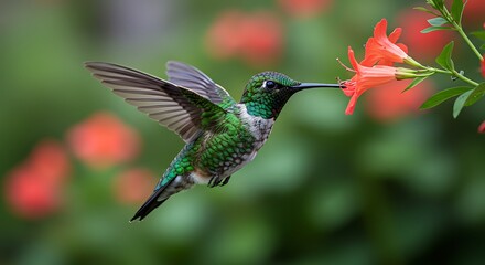 Hummingbird's Embrace: Emerald Jewel in Coral Bloom