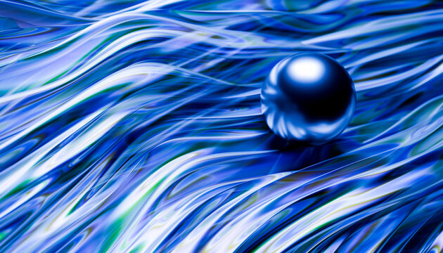 Abstract 3D render of a blue sphere on a wavy fabric background