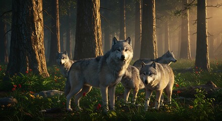 Golden Hour Wolves: Majestic Pack in Misty Forest