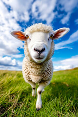 Fototapeta premium A sheep standing on top of a lush green field