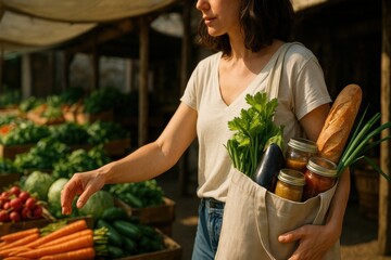 A woman shops at a farmers market with a reusable bag filled with fresh vegetables, jars, and bread, promoting eco-conscious living.
