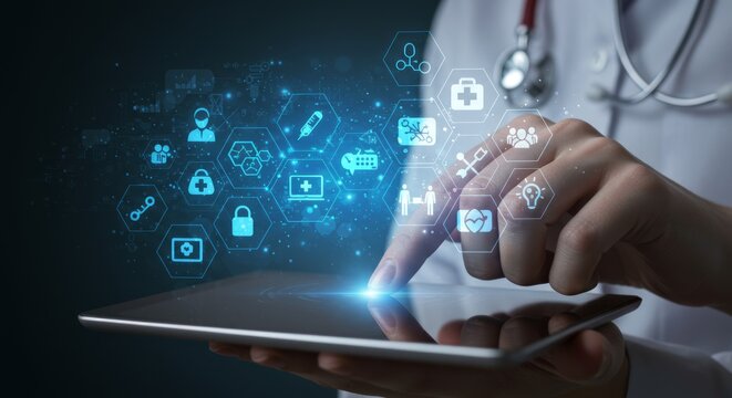 Doctor using digital tablet with health icons